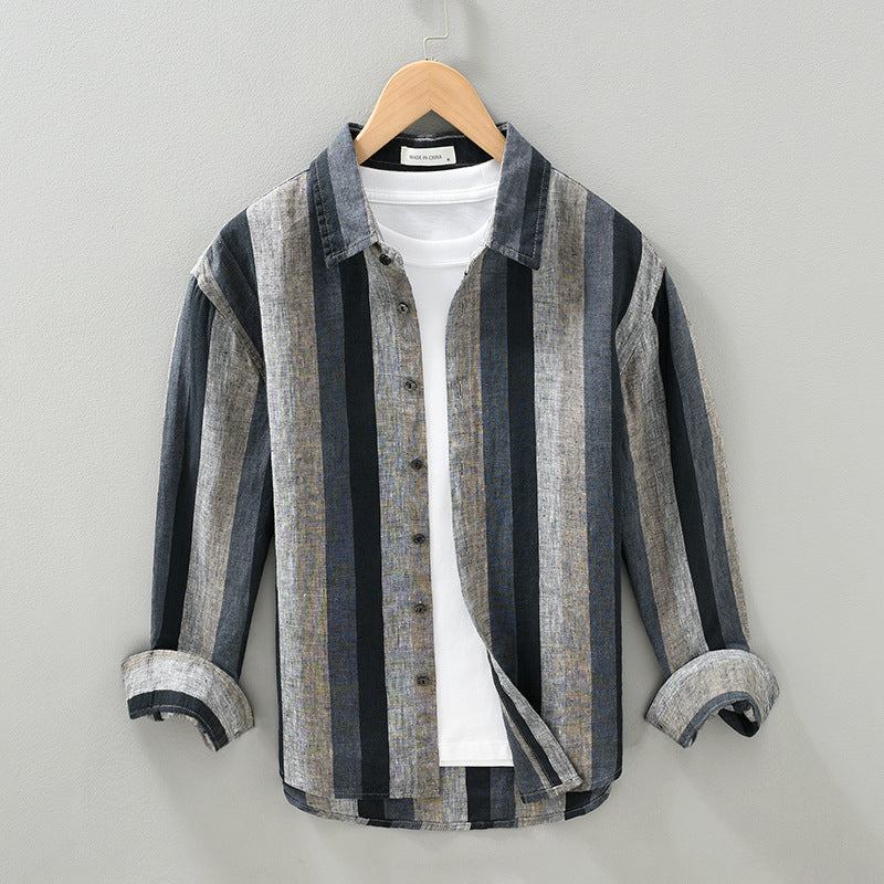 Striped Color Matching Long Linen Sleeves Men's Shirt