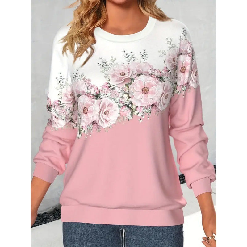 Women's Clothing Round Neck Long Sleeve Flower 3D Printed Pullover Sweatshirt