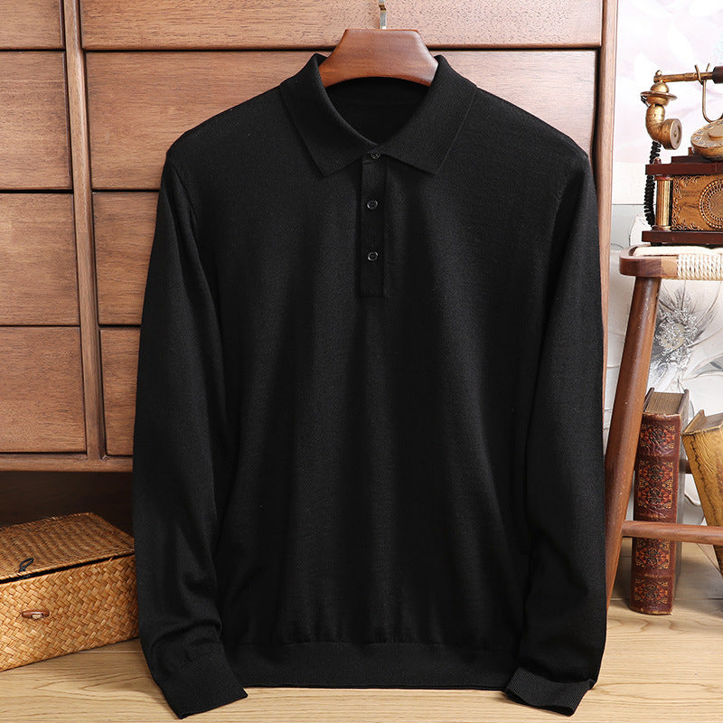 Ultra-fine Worsted Wool Polo Shirt Men's Long-sleeved T-shirt Lapel Knitwear