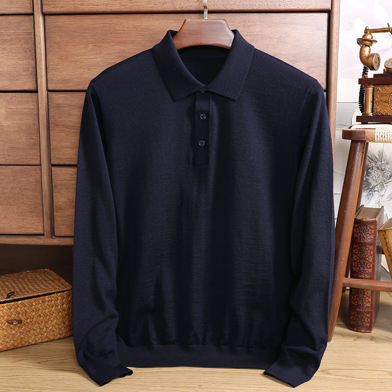 Ultra-fine Worsted Wool Polo Shirt Men's Long-sleeved T-shirt Lapel Knitwear