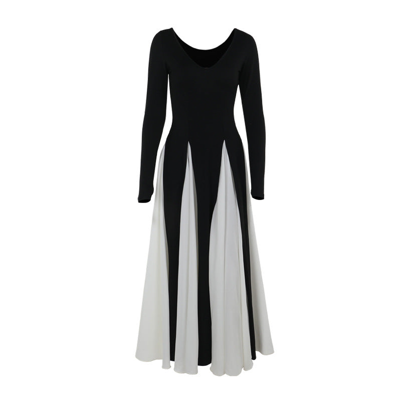 Contrast Color Long Sleeve Dress Women's Fashion