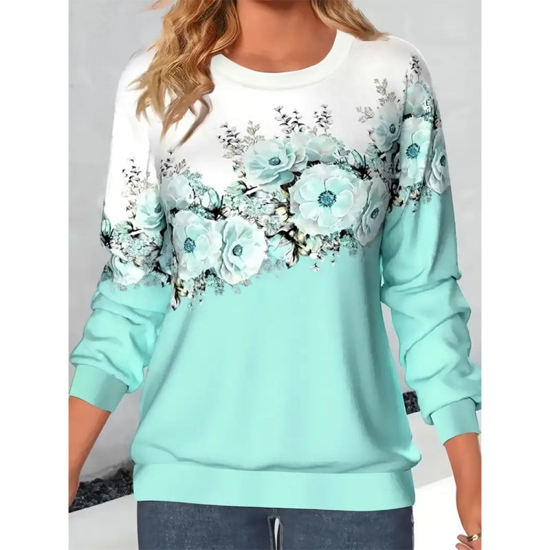 Women's Clothing Round Neck Long Sleeve Flower 3D Printed Pullover Sweatshirt